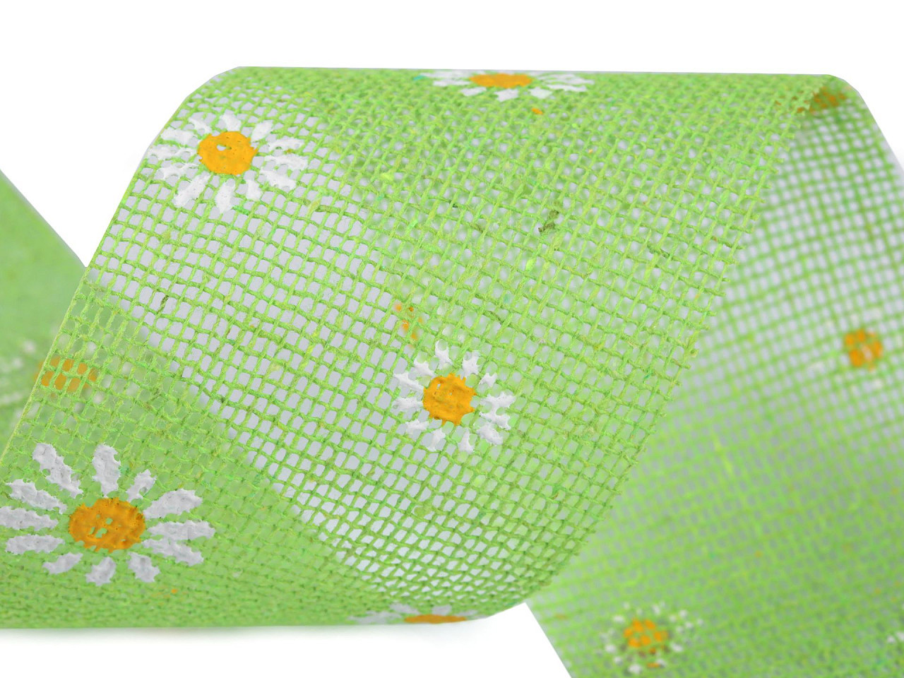 Jarní jutová stuha řezaná kopretina šíře 75 mm, barva 2 (29) zelená kopretiny