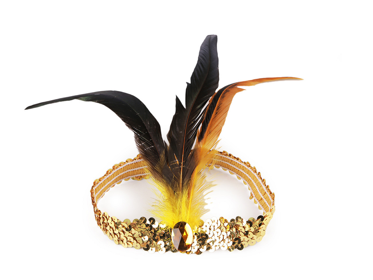 Karnevalová čelenka flitrová s peřím retro, barva 1 zlatá