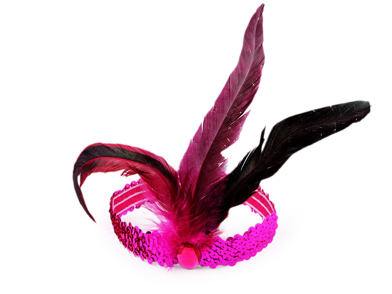 Karnevalová čelenka flitrová s peřím retro, barva 2 fialovorůž ost.
