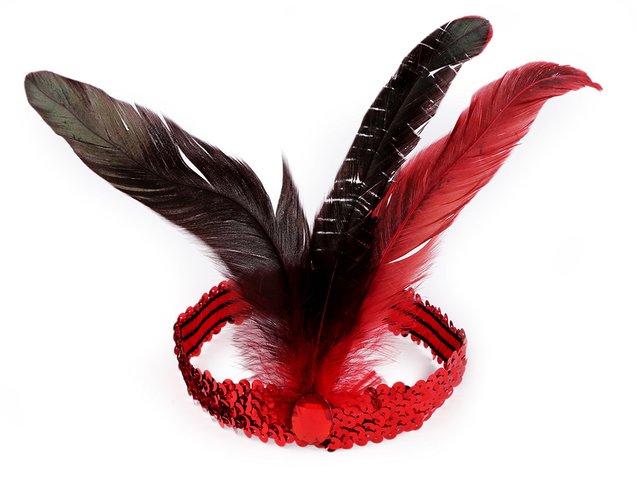 Karnevalová čelenka flitrová s peřím retro, barva 3 červená