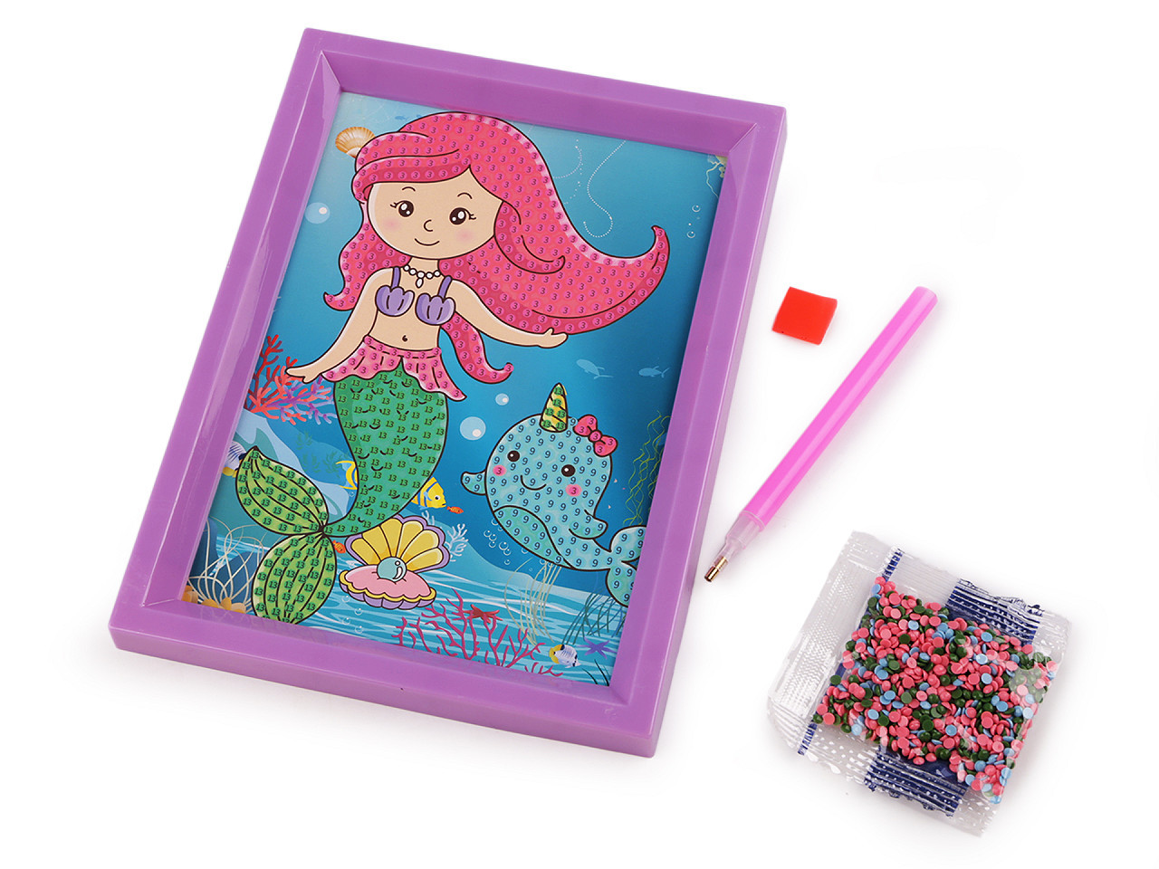 Diamantové malování s rámečkem, kreativní sada, barva 11 fialová lila mořská panna