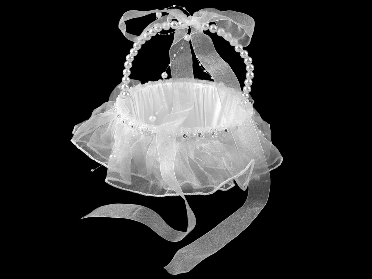 Svatební saténový košíček pro družičky, s perlami, barva bílá