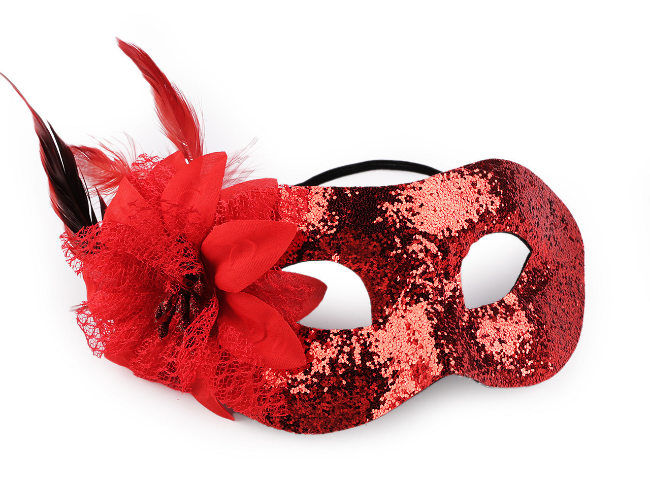 Karnevalová maska - škraboška s peřím, barva 1 červená