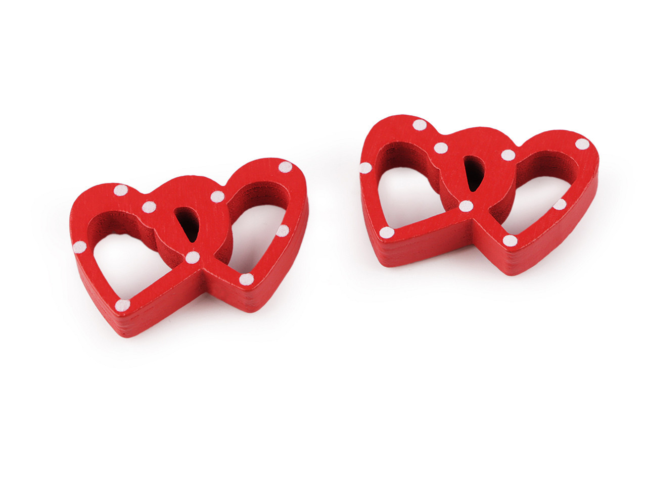 Dřevěné dvojité srdce samolepicí, barva 4 červená puntíky
