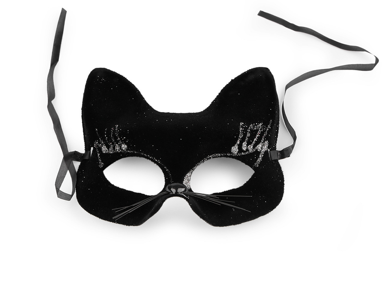 Karnevalová maska - škraboška sametová s glitry kočka, barva 1 černá stříbrná