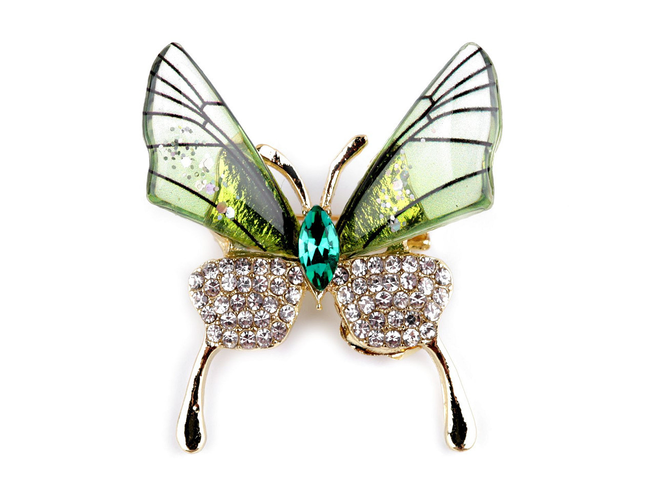 Brož s broušenými kamínky vážka, motýl, barva 6 zelená sv. motýl
