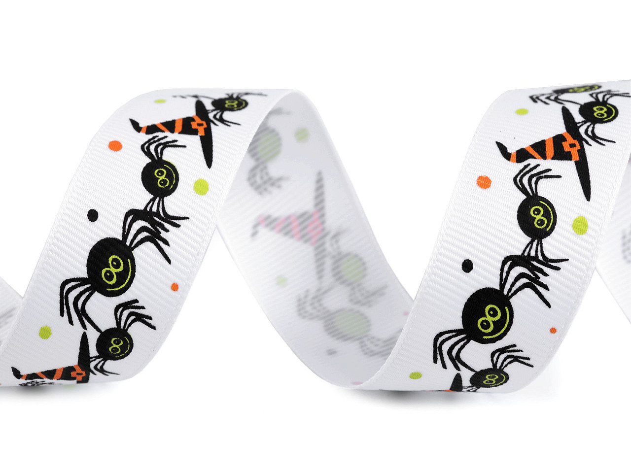 Rypsová stuha Halloween šíře 25 mm, barva 1 bílá pavouk