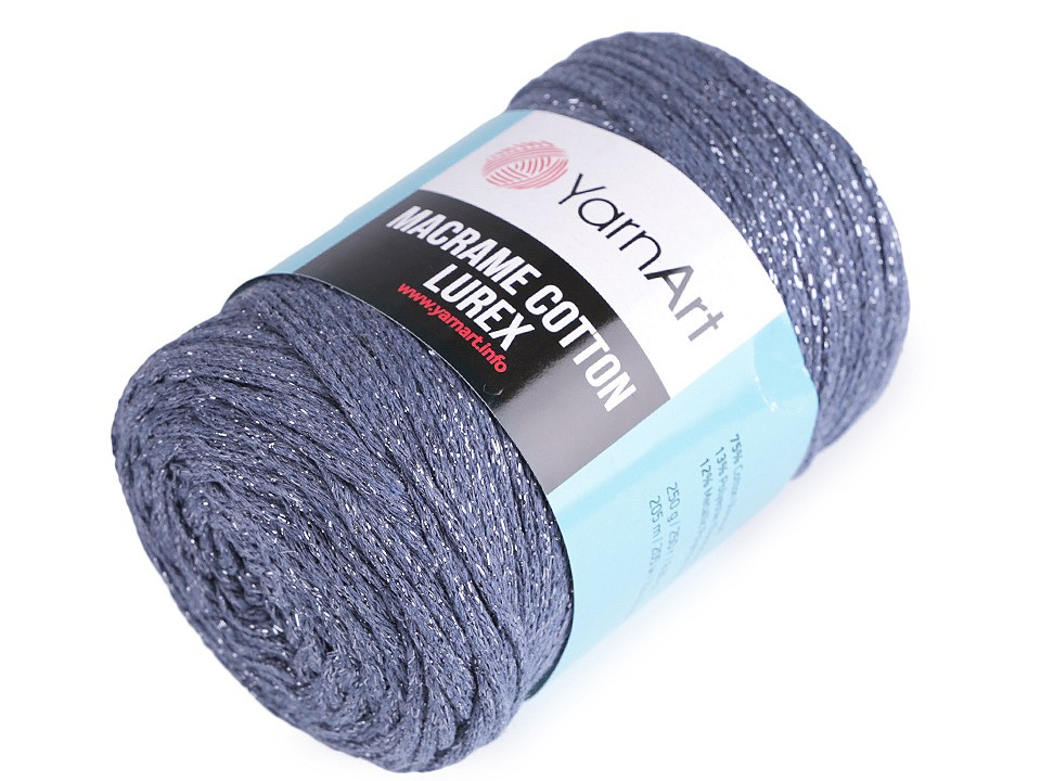 Pletací příze Macrame Cotton lurex 250 g, barva 11 (730) modrá jeans stříbrná