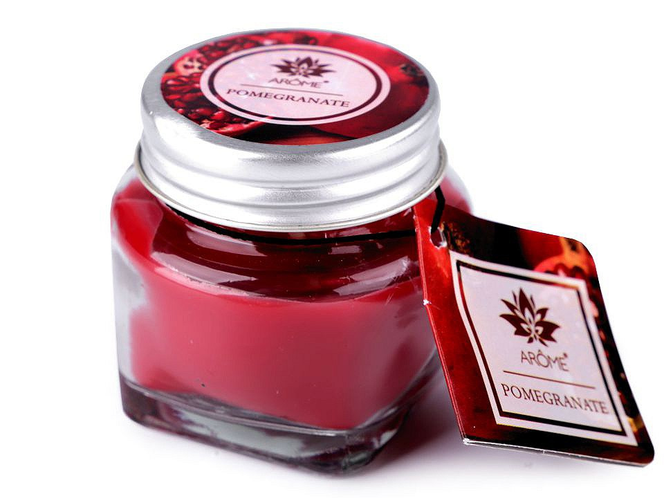 Malá vonná svíčka ve skle s jmenovkou 28 g, barva 15 (Pomegranate) červená