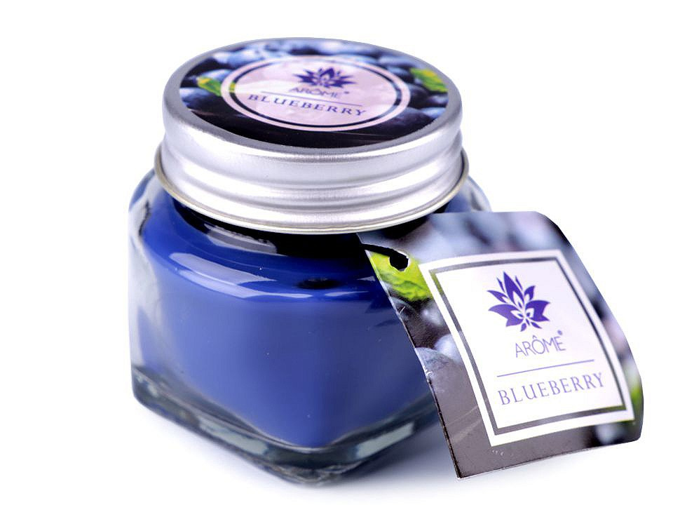 Malá vonná svíčka ve skle s jmenovkou 28 g, barva 18 (Blueberry) modrá safírová