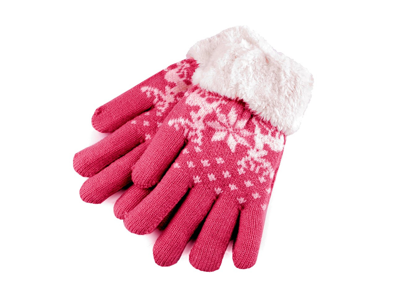 Dětské pletené rukavice s kožíškem, norský vzor, barva 25 pink bílá