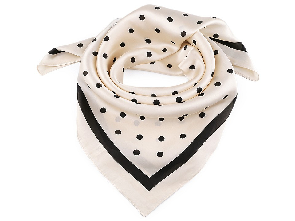 Saténový šátek s puntíky a lemem 70x70 cm, barva 2 béžová sv.