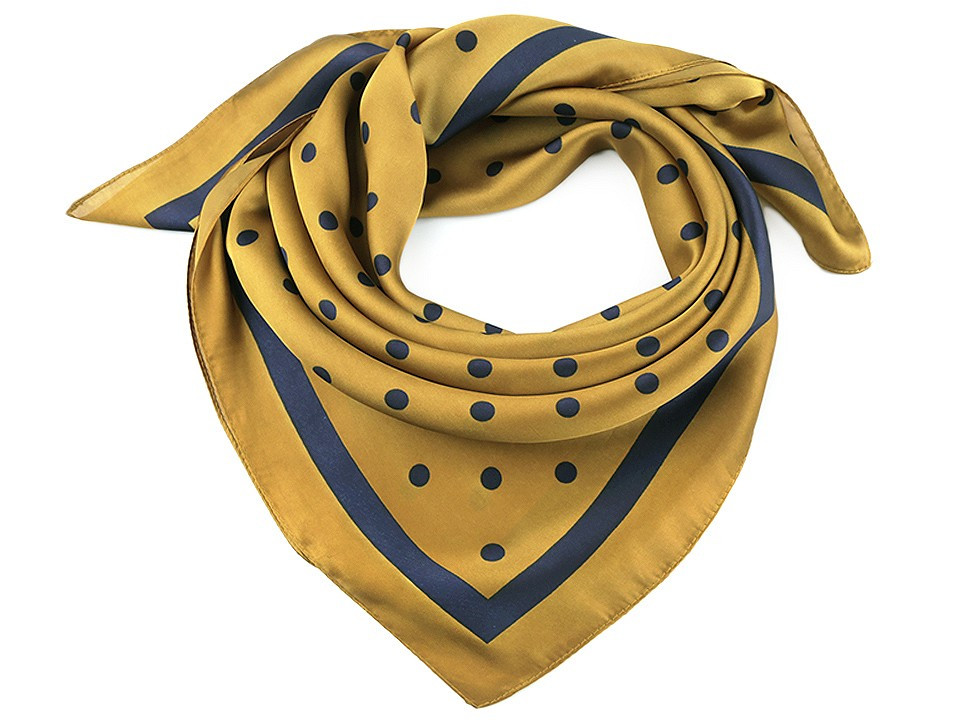 Saténový šátek s puntíky a lemem 70x70 cm, barva 6 hořčicová tmavá