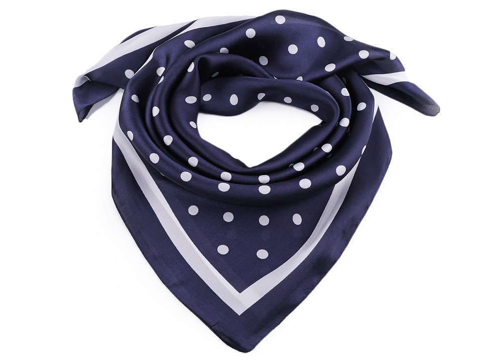 Saténový šátek s puntíky a lemem 70x70 cm, barva 4 modrá tmavá