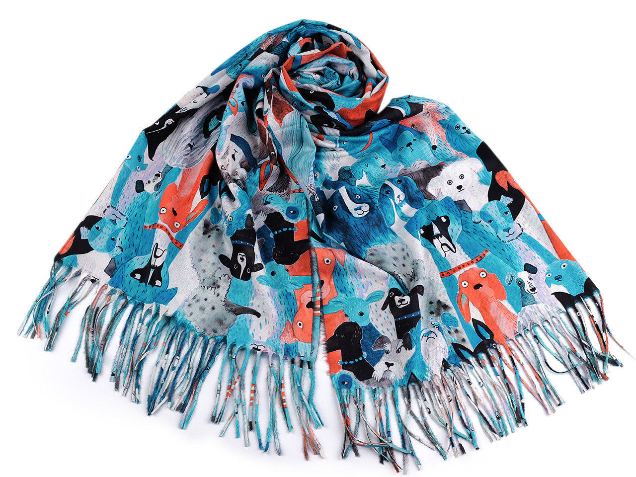 Šátek / šála typu kašmír s třásněmi, psi 70x180 cm, barva 6 modrá světlá