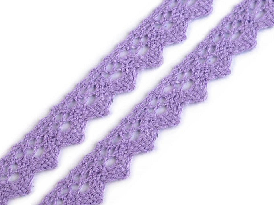 Bavlněná krajka šíře 15 mm paličkovaná, barva 19 fialová (bavlna)