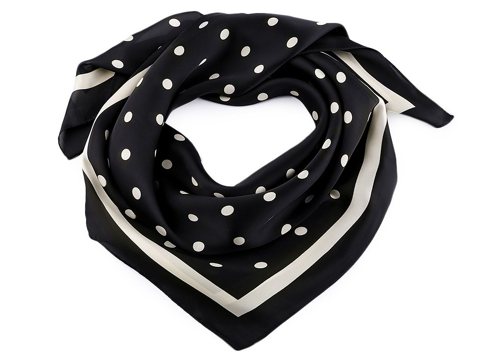 Saténový šátek s puntíky a lemem 70x70 cm, barva 7 černá