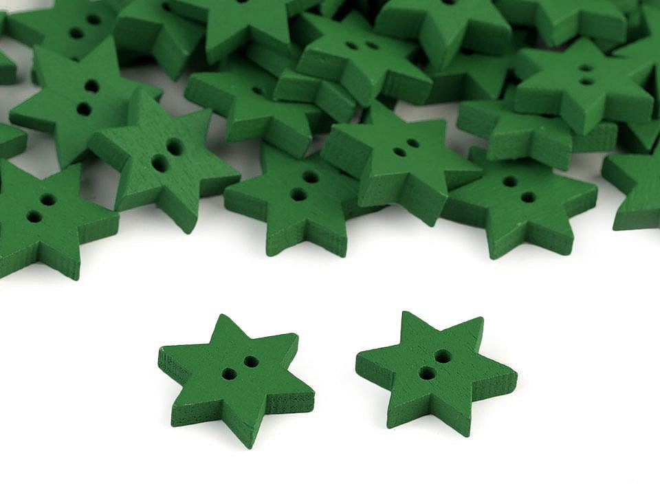 Dřevěný dekorační knoflík hvězda, barva 7 zelená jedle