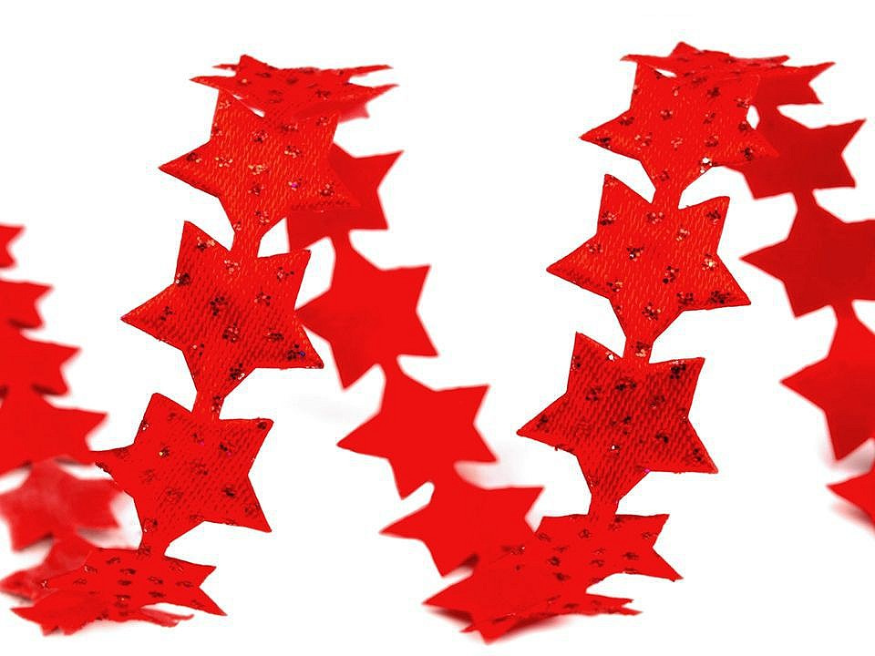 Saténový prýmek šíře 14 mm hvězda s glitry vánoční, barva 2 červená