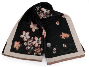 Šátek / šála typu kašmír s třásněmi, květy 65x190 cm - 12 černá béžová světlá