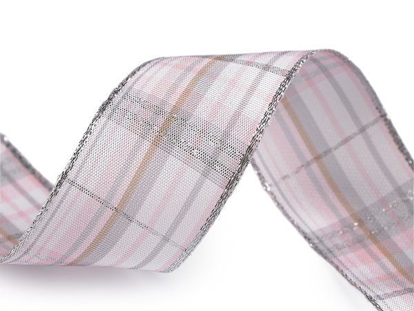 Károvaná stuha s lurexem a drátem šíře 40 mm