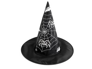 Karnevalový klobouk čarodějnický - pavučina, lebka, netopýr, dýně, čarodějnice