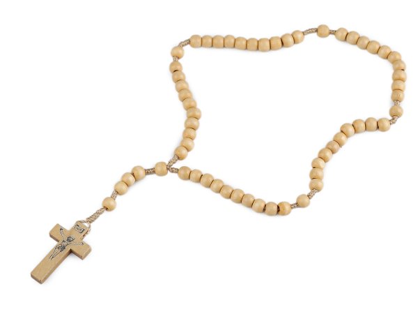 Růženec dřevěný na drhaných šňůrkách
