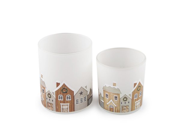 Skleněný svícen domečky