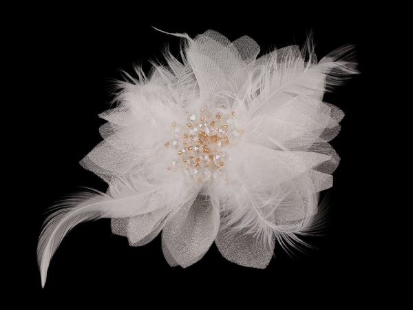 Brož se skleněnými broušenými korálky a peřím