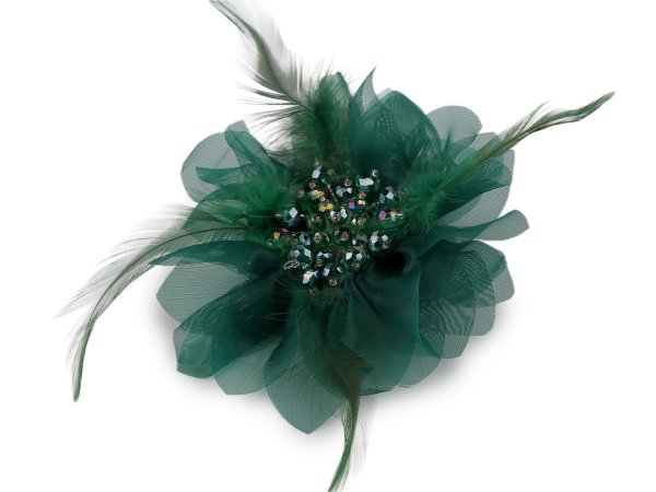 Brož se skleněnými broušenými korálky a peřím