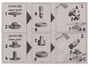 Knoflík stiskací WUK Ø15 mm na středně silné látky, s ručním kovovým aplikátorem