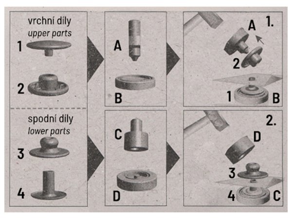 Knoflík stiskací WUK Ø15 mm na středně silné látky, s ručním kovovým aplikátorem