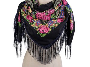 Šátek folklór květy s třásněmi 105x105 cm