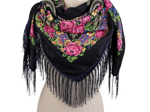 Šátek folklór květy s třásněmi 105x105 cm