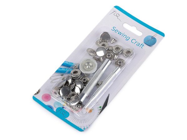 Knoflík stiskací Ø15 mm na středně silné látky, s ručním kovovým aplikátorem