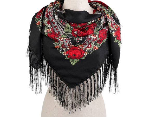 Šátek folklór květy s třásněmi 105x105 cm