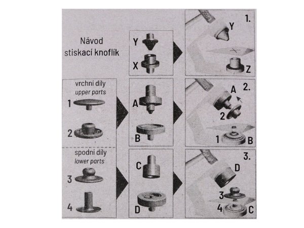Knoflík stiskací Ø15 mm na středně silné látky, s ručním kovovým aplikátorem