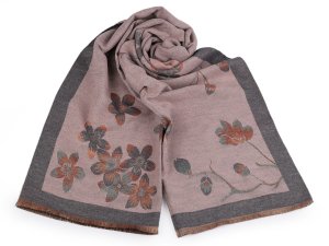 Šátek / šála typu kašmír s třásněmi, květy 65x190 cm - 1 pudrová šedá