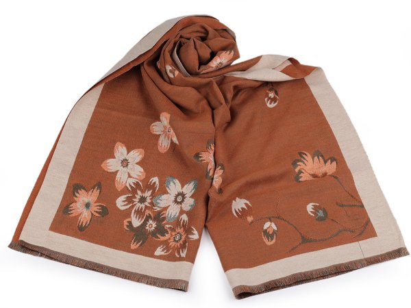 Šátek / šála typu kašmír s třásněmi, květy 65x190 cm