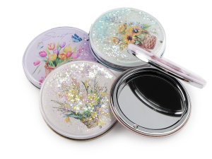 Kosmetické zrcátko s tekutými glitry květy