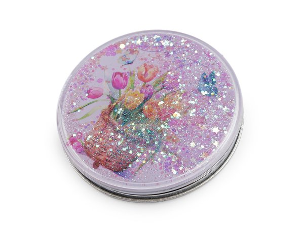 Kosmetické zrcátko s tekutými glitry květy