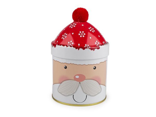 Vánoční plechová dárková krabička sněhulák, Santa s bambulkou