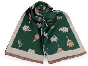 Šátek / šála typu kašmír s třásněmi, květy 65x190 cm - 13 zelená tmavá béžová světlá