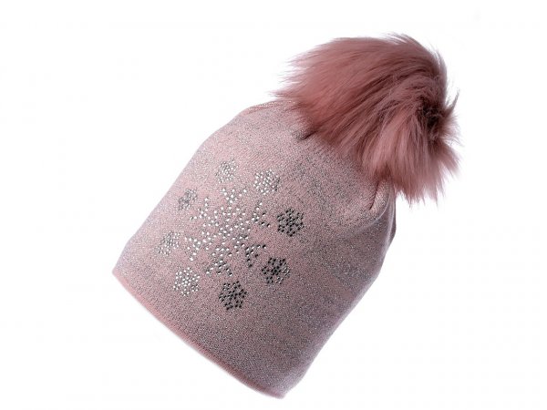 Dámská zimní čepice s bambulí a lurexem, kamínková vločka