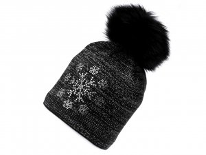 Dámská zimní čepice s bambulí a lurexem, kamínková vločka