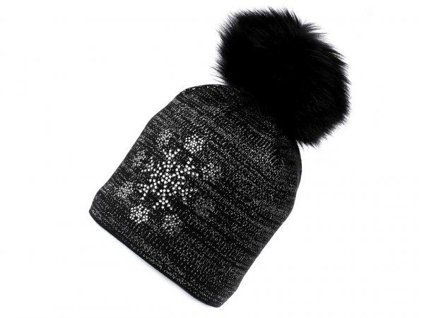Dámská zimní čepice s bambulí a lurexem, kamínková vločka