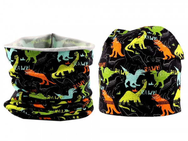 Chlapecká sada čepice a nákrčník bagr, dinosaurus, skateboard