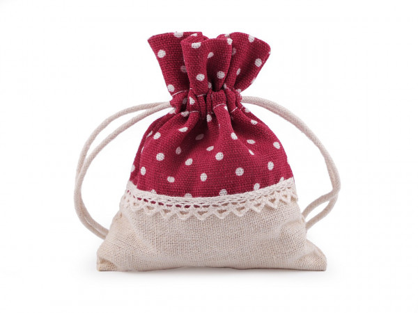 Dárkový pytlík 10x13 cm lněný s puntíky a krajkou