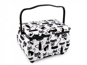 Kazeta / košík na šití čalouněný kočka, puntík - 1 bílo-černá