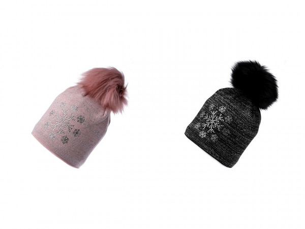 Dámská zimní čepice s bambulí a lurexem, kamínková vločka